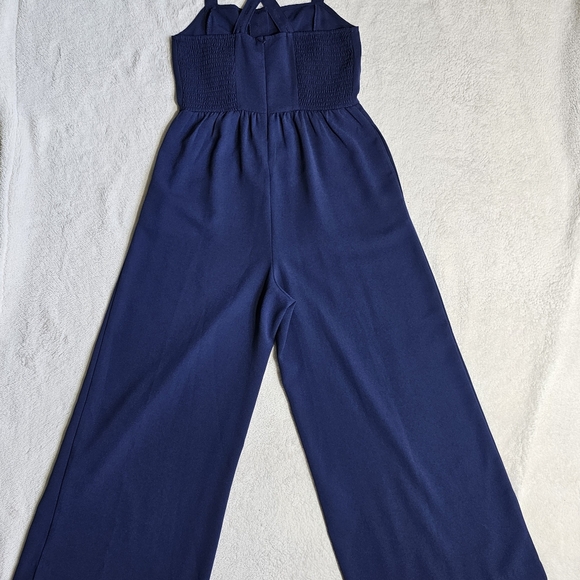 Madewell Jumpsuit Womens Size 2 Navy Blue Smocked Button-Front Wide Leg Cropped - Picture 2 of 11